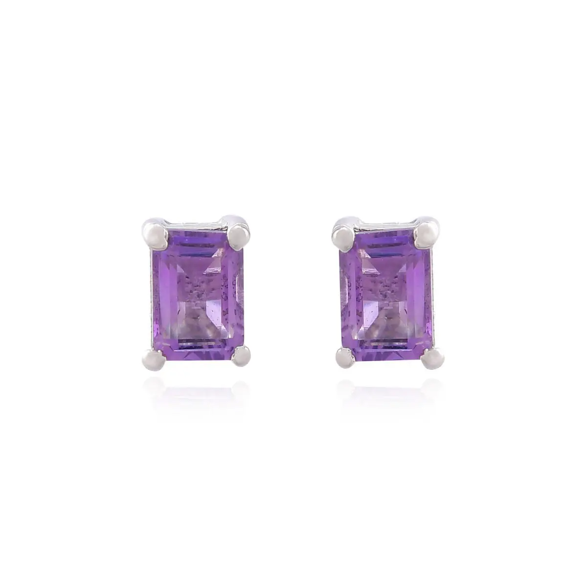 925 Sterling Silver Real Amethyst Rectangle Gemstone Shape Stud Earrings