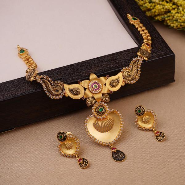 Adoreable Gold Necklace Set in Antique Design with Beautiful Meena work & Stones 