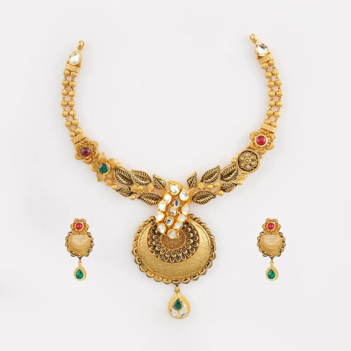 Antique Gold Necklace with Amazing Kundan work and Flowers Design for Ladies 