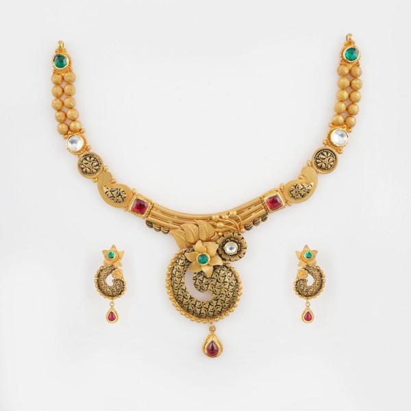 Fancy Gold Antique Necklace Set with Flowers Design in Meena & Stones Work 