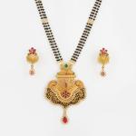 Gold Mangal Sutra Pendant Set in Unique Shape with Earrings , Beautiful Design and Meena 