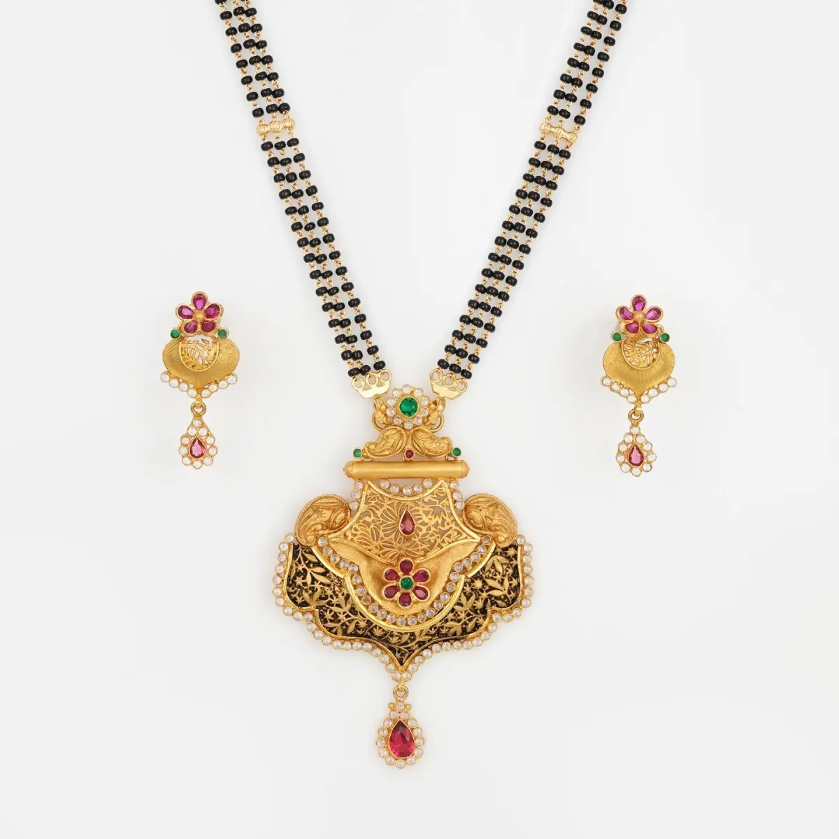 Gold Mangal Sutra Pendant Set in Unique Shape with Earrings , Beautiful Design and Meena 