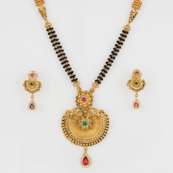 Gold Antique Mangal Sutra Pendant Set in Beautiful Design with Earring & Meena, Stones 