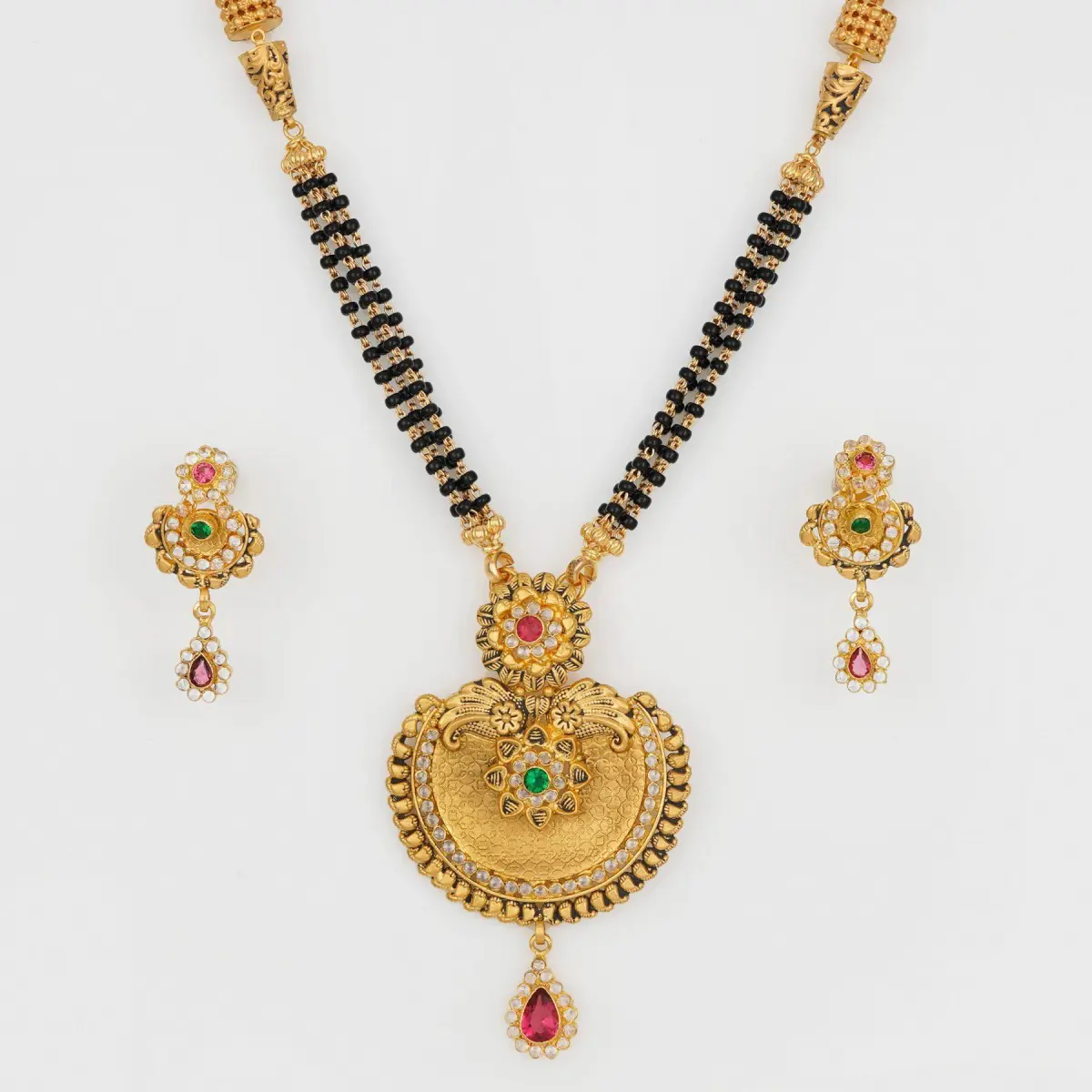 Gold Antique Mangal Sutra Pendant Set in Beautiful Design with Earring & Meena, Stones 