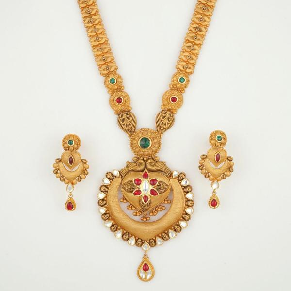 Beautiful Flowers & leaf Design Gold Ranihar Set with Kundan work for Ladies 