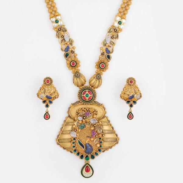 Elegant Flowers Design Gold Ranihar Set for Ladies with Zerkon Stones & Beautiful Design 