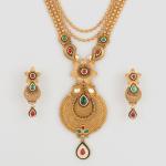 Unique Shape with Flowers and Leaf Design in Meena work Gold Antique Long Ranihar Set