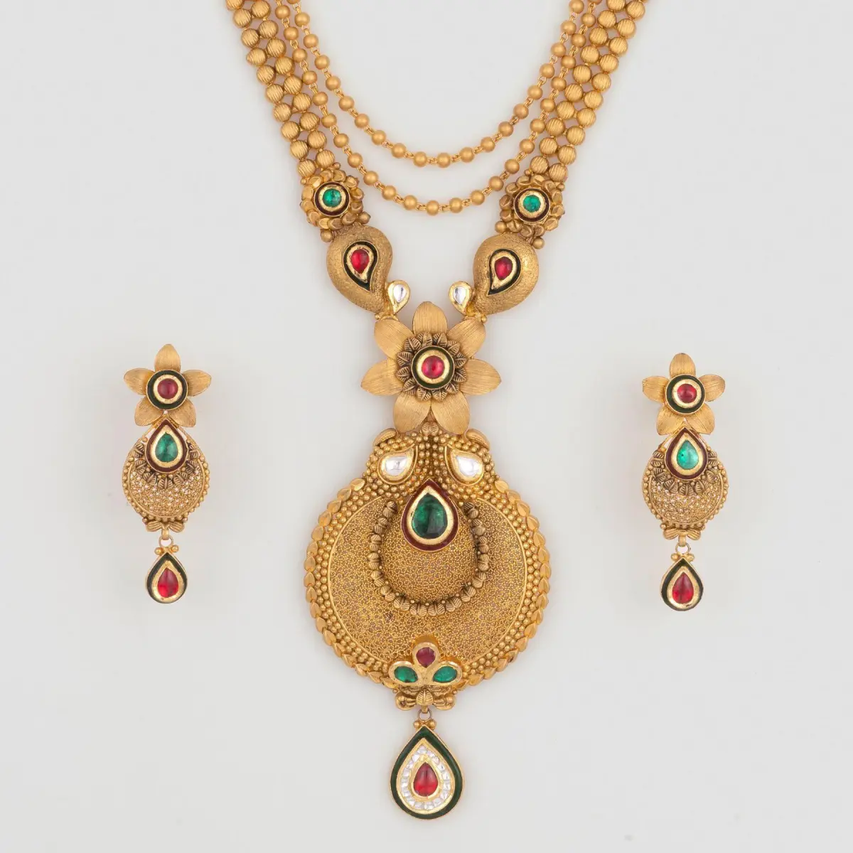 Unique Shape with Flowers and Leaf Design in Meena work Gold Antique Long Ranihar Set