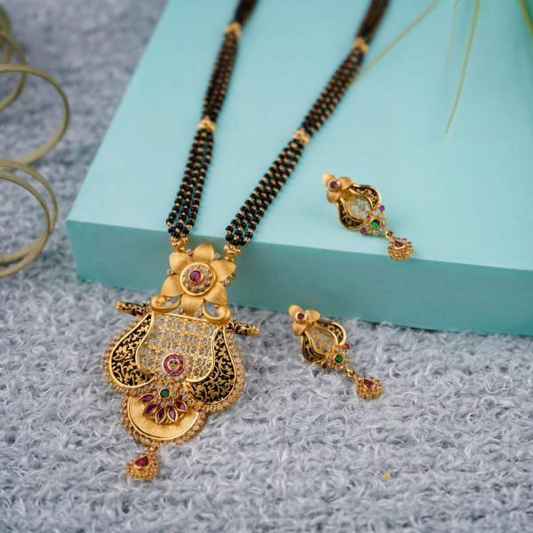 Gold Antique Mangalsutra Pendant Set for Ladies with Black Meena 