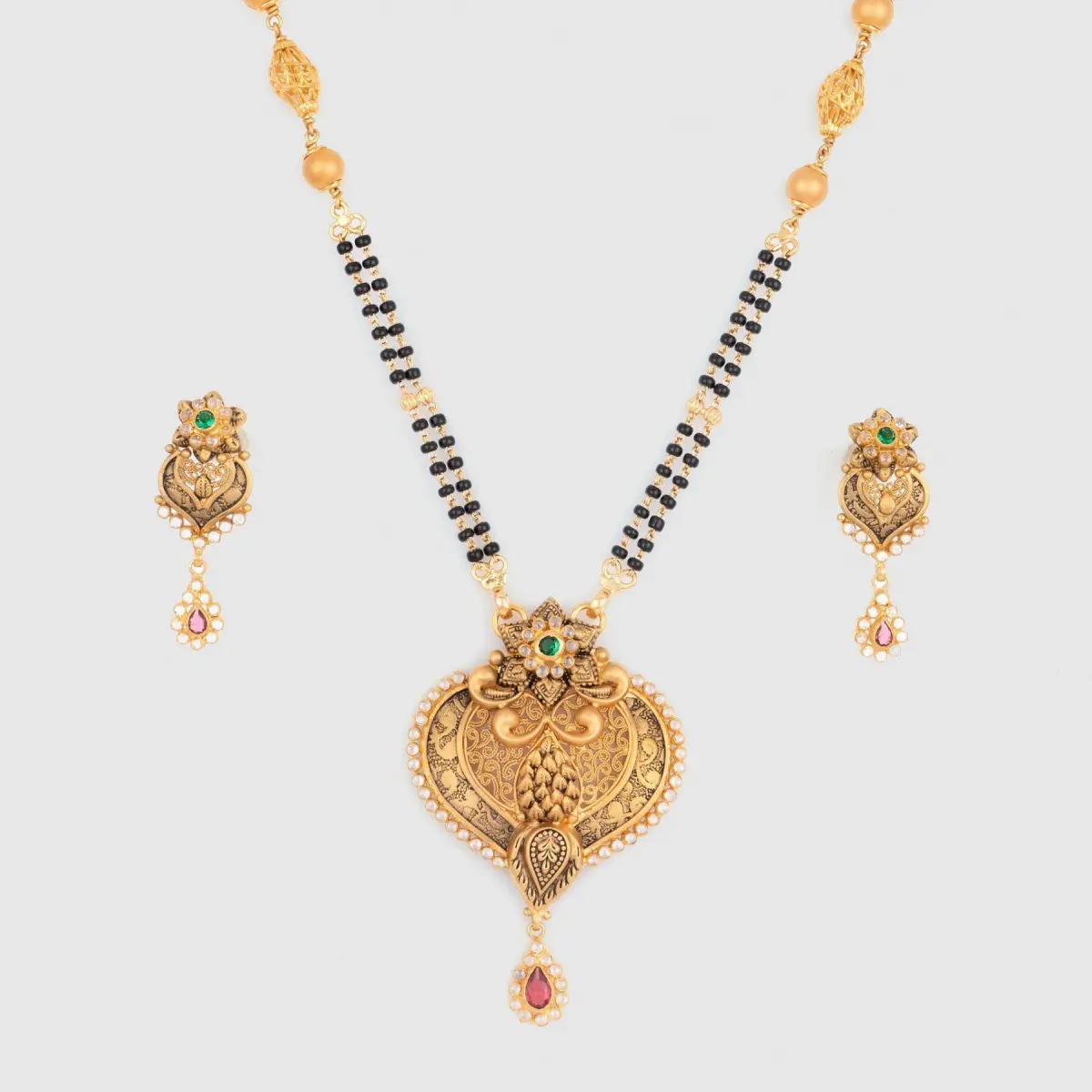 Gold Antique Pendant Set for Ladies with Beautiful Meena work & Stones 