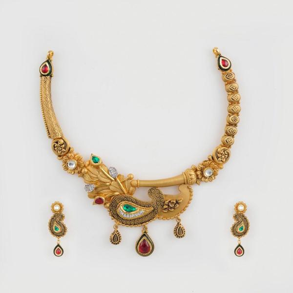 Fancy Gold Antique Necklace Set with Flowers Design in Meena & Stones Work 