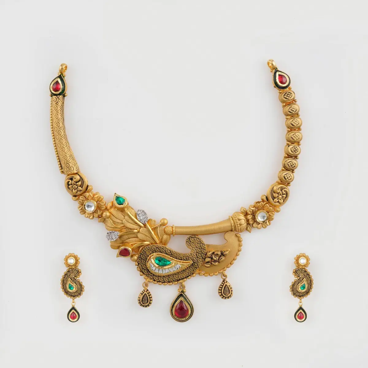 Fancy Gold Antique Necklace Set with Flowers Design in Meena & Stones Work 