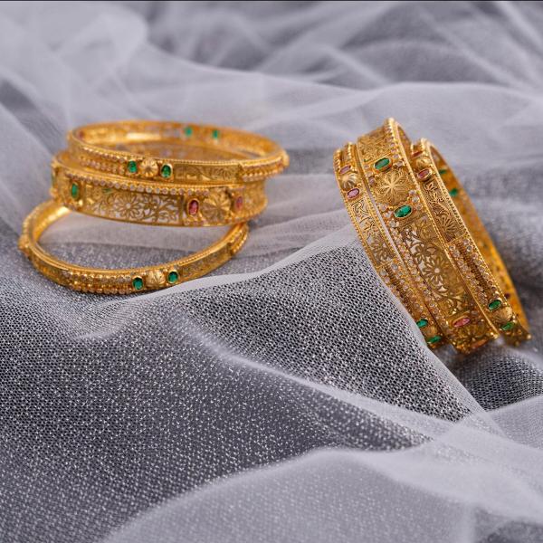 Beautiful Gold Bangles in Flowers and Leaf Design with Stones & Beautiful Work