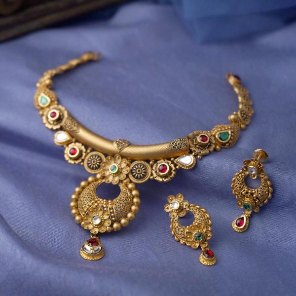 Gold Antique Necklace Set with Flowers Design & Stones for Ladies 