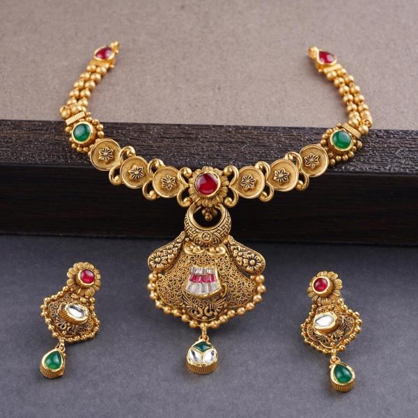 Fancy Gold Antique Necklace Set in Flowers & Leaf Design with Kundan Stones 