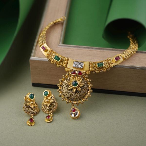 Beautiful Gold Antique Necklace Set with Green & Red Stones for Ladies 