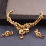 Elegant Antique Gold Necklace Set with Beautiful Design & Kundan in Flowers Design 