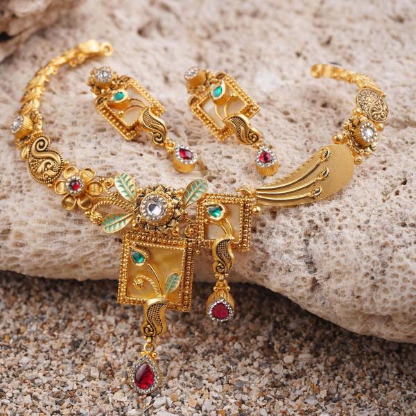 Amazing Square Shape with Flowers and Leaf Design in Meena work Gold Antique Necklace Set