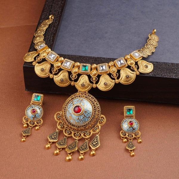 Beautiful Round Shape Ladies Gold Antique Necklace Set with Meena and Stones 