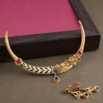 Fancy Gold Antique Hasli Set with Meena and Kundan Stones in Beautiful Peacock Design 