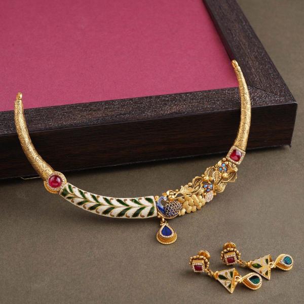 Fancy Gold Antique Hasli Set with Meena and Kundan Stones in Beautiful Peacock Design 