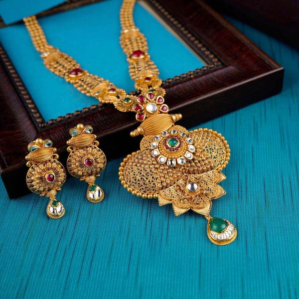 Beautiful Long Antique Kundan Ranihar Set for Ladies with Flowers & Leaf Design 