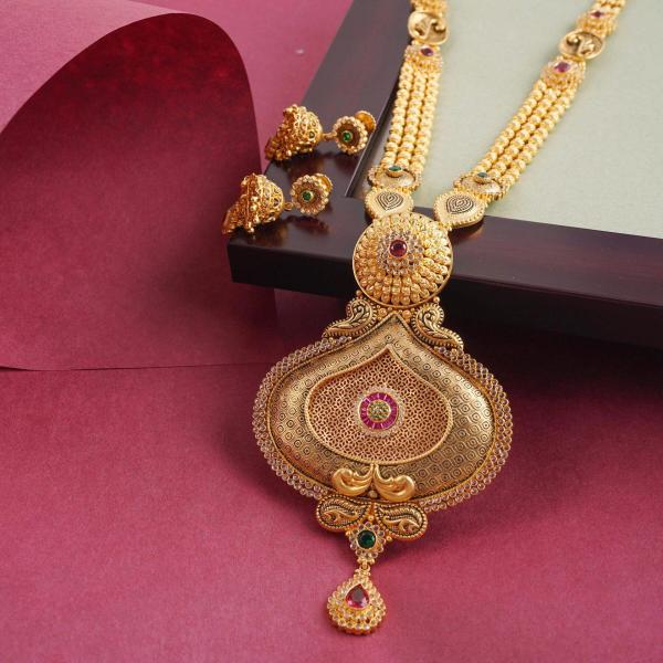 Adoreable Gold Antique Long Ranihar Set for Ladies with Flowers Design 