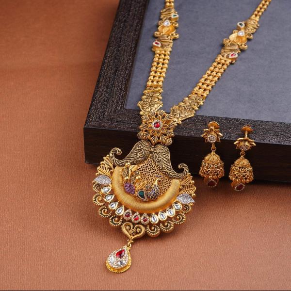 Gold Ladies Long Ranihar Set with Adoreable Design & Stones 