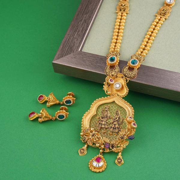 Adoreable Gold Long Antique Ranihar Sets in Beautiful Design for Ladies with Kundan & Meena Work 