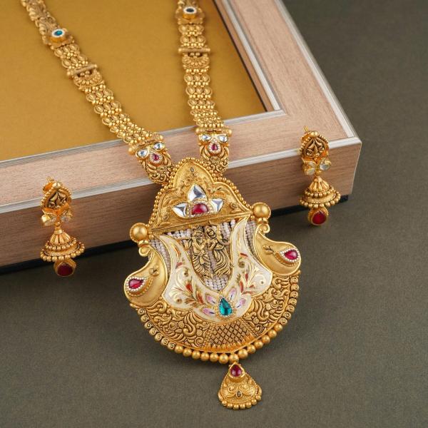 Beautiful Gold Long Antique Ranihar Sets in Drop Shape with Amazing Design & kundan Stones 