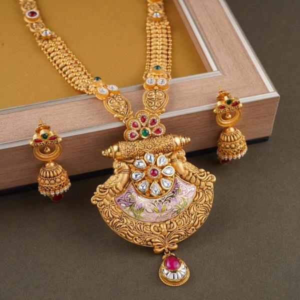 Fabulous Gold Long Antique Ranihar Set with Beautiful Design for Ladies 