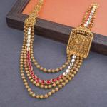 Gold Long Antique Ranihar Set in Drop Shape with Leaf Design & Beautiful Kundan Stone 