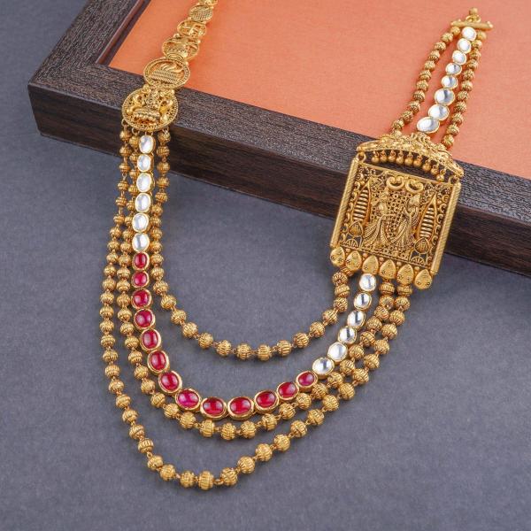 Gold Long Antique Ranihar Set in Drop Shape with Leaf Design & Beautiful Kundan Stone 