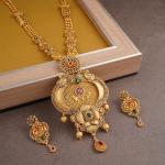 Triangle Shape with Flowers and Leaf Design in Meena work Gold Antique Long Ranihar Set