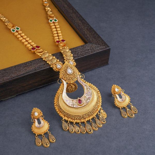 Adoreable Gold Antique Long Ranihar Set for Ladies with Flowers Design 