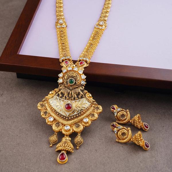 Beautiful Flowers & leaf Design Gold Ranihar Set with Kundan work for Ladies 