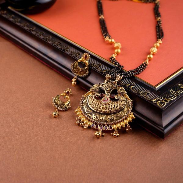 Gold Antique Mangal Sutra Pendant Set in Beautiful Design with Earring & Meena, Stones 