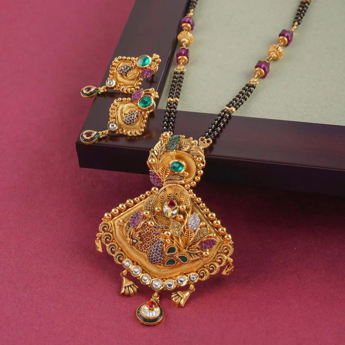 Gold Antique Pendant Set for Ladies with Beautiful Meena work & Stones 