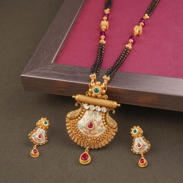 Fancy Gold Mangal SutraPendant Set with Meena work and Beautiful white Pearls 