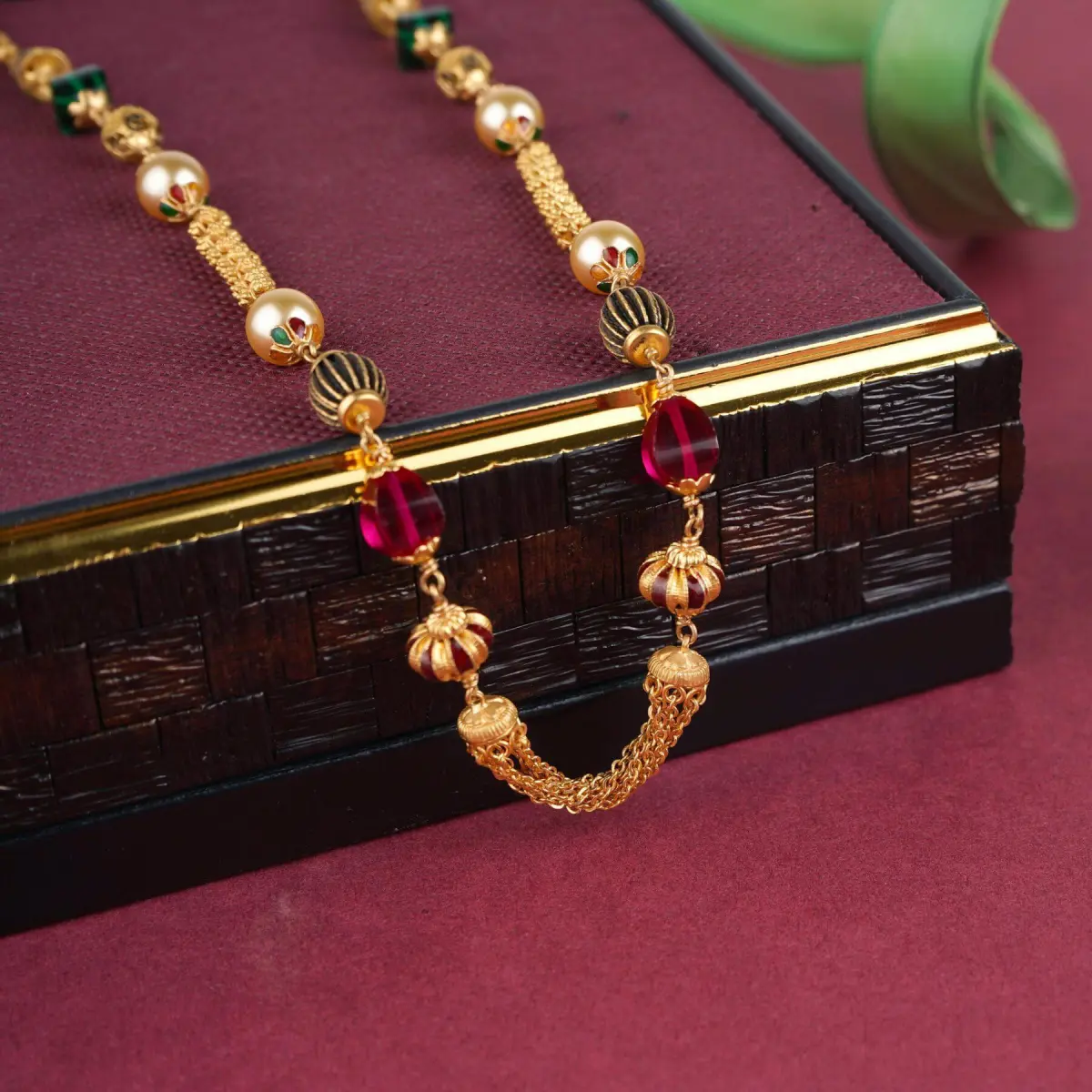 Gold Beautiful Matar Mala Chain with Red pearls