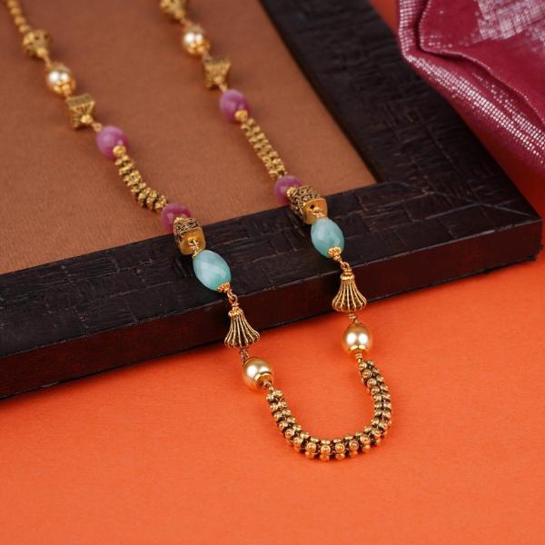 Amazing Matar Mala Gold Chain with Beautiful Pink & sky-Blue Pearls 