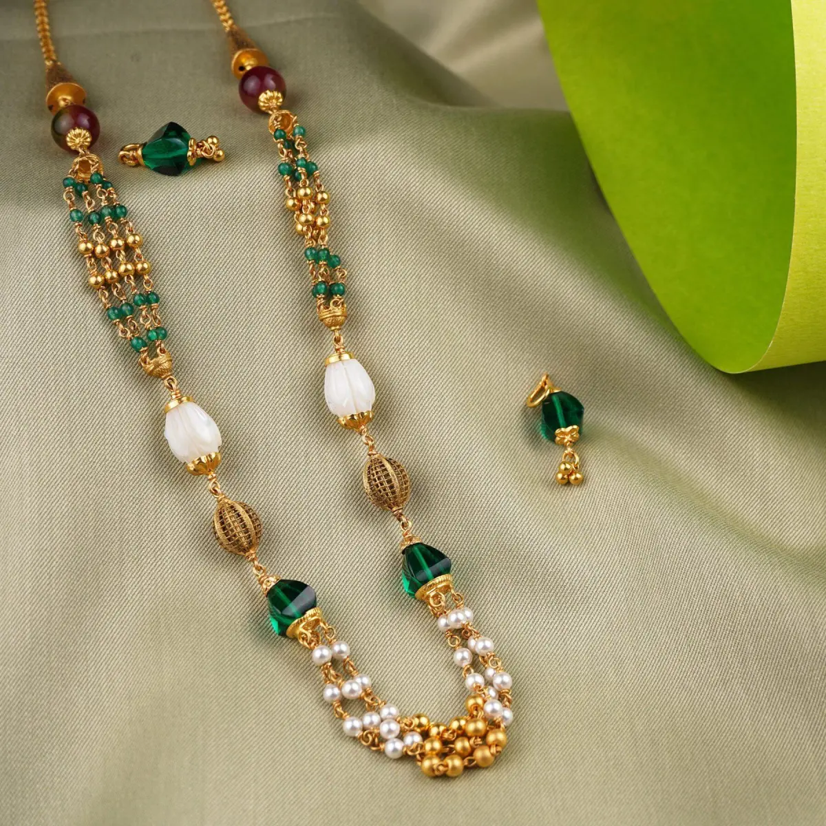 Adoreable Matar Mala Set with Earring & Green Pearls 