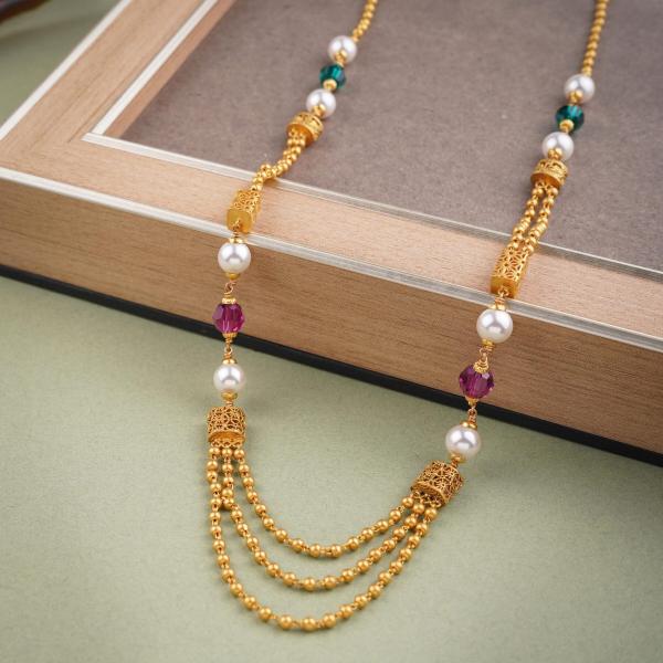 Elegant 3 Layered Gold Mala with Pink & Green Beads 