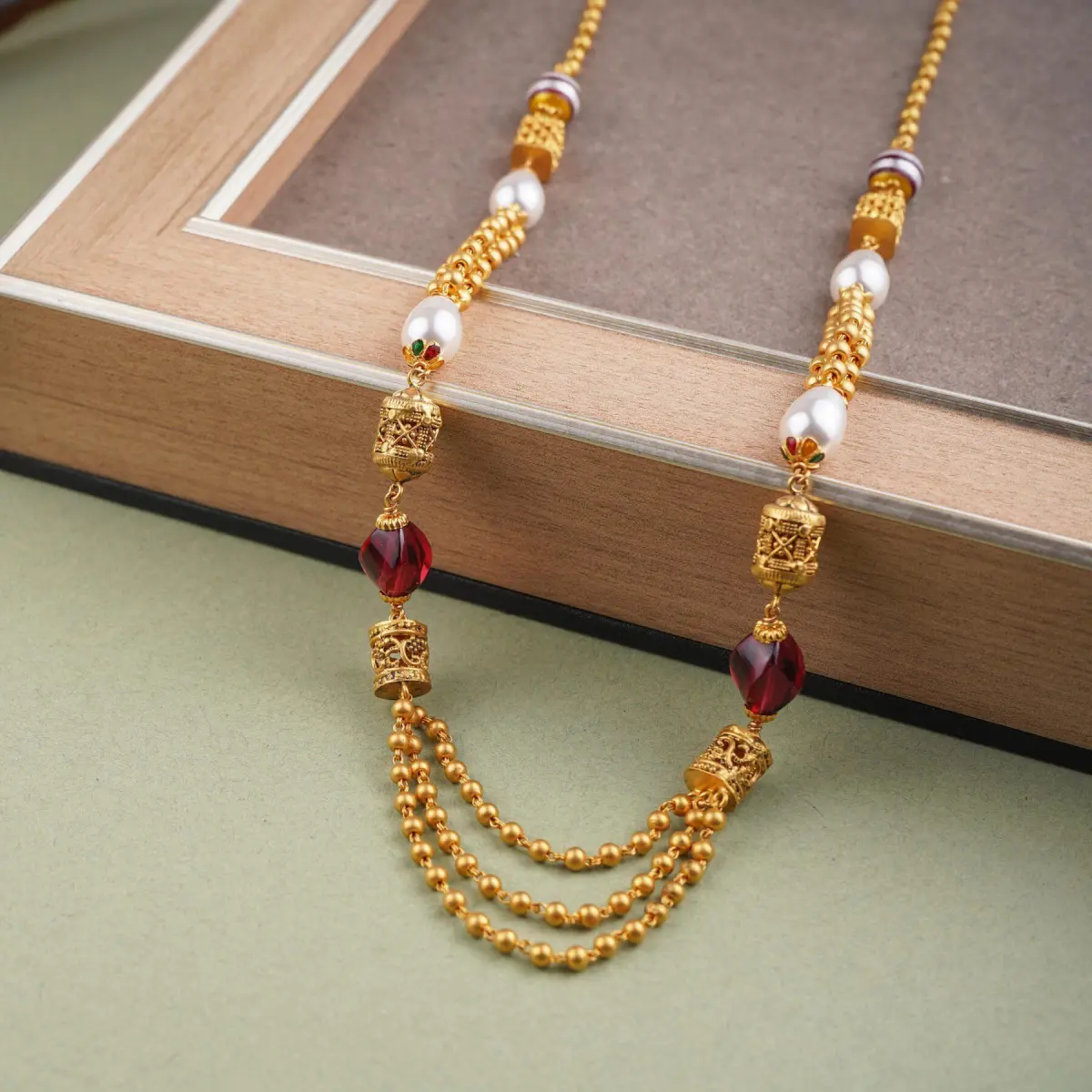 Beautiful 3 Layered Gold Mala with Beautiful Beads 