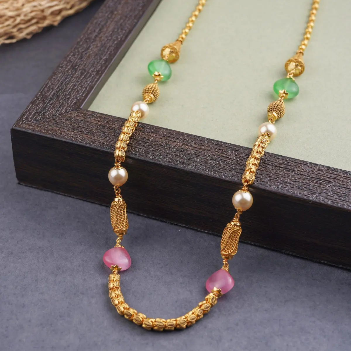 22k Gold Matar Mala with Pink and Light Green Beads 