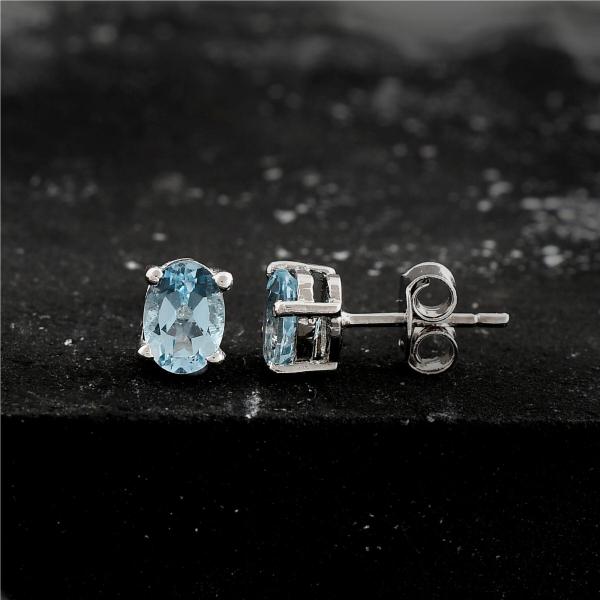 925 Sterling Silver Real Gemstone Blue Topaz Oval Shape Stud Earrings