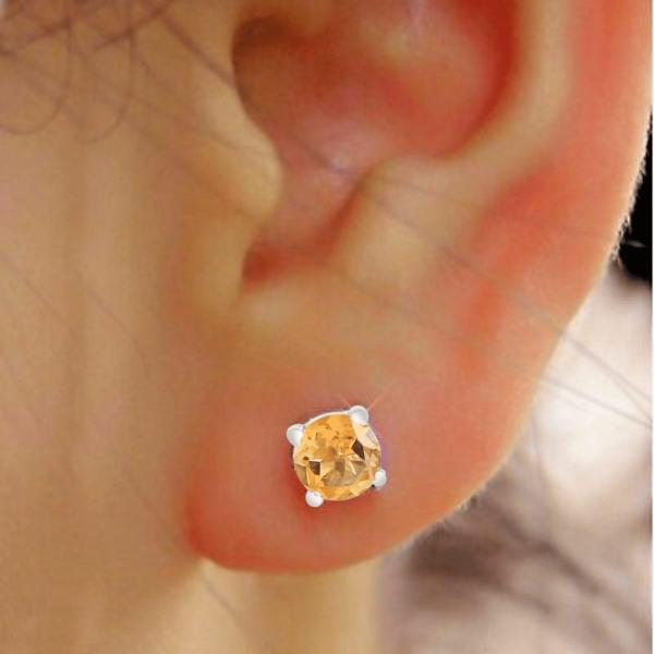 925 Sterling Silver Real Citrine Gemstone Round Shape Stud Earrings