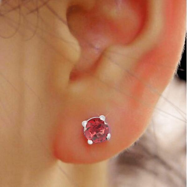 925 Sterling Silver Real Garnet Gemstone Round Shape Stud Earrings