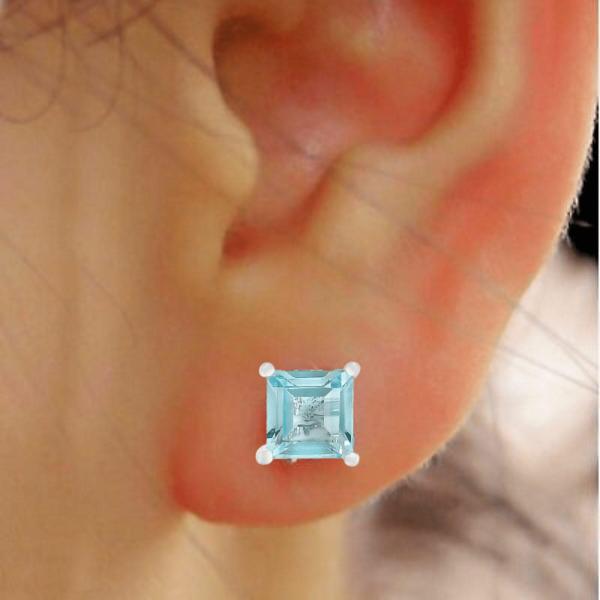 925 Sterling Silver Real Blue Topaz Square Gemstone Shape Stud Earrings