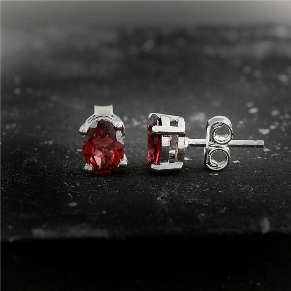 925 Sterling Silver Real Garnet Gemstone Oval Shape Stud Earrings